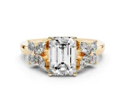 Emerald Cut Diamond Floral Cluster Ring Set in Yellow gold with Marquise Petals and Prong Setting