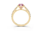 Fancy Pink Cushion Cut Diamond Halo Engagement Ring Set in Yellow gold with Pavé Band and Prong Setting