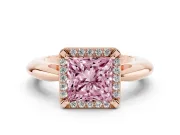 Fancy Pink Princess Cut Diamond Halo Engagement Ring Set in Rose gold with Plain Split Shank and Prong Setting