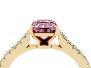 Fancy Pink Emerald Cut Diamond Solitaire Engagement Ring Set in Yellow gold with Delicate Pavé Band and Prong Setting