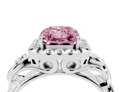 Fancy Pink Radiant Cut Diamond Halo Ring Set in Platinum with Scrollwork Band and Prong Setting