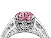 Fancy Pink Round Cut Diamond Vintage-Inspired Milgrain Ring Set in White gold with Accent Split Shank