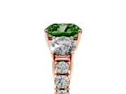 Fancy Green Cushion Cut Diamond Three-Stone Ring Set in Rose gold with Round Side Stones and Delicate Pavé Band