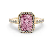 Radiant Cut Pave Halo Engagement Ring Setting for a Fancy Pink Lab-Grown Diamond | Yellow Gold