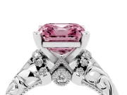 Fancy Pink Asscher Cut Diamond Filigree Halo Engagement Ring Set in Silver with Prong Setting