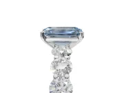 Emerald Cut Side Stone Engagement Ring Setting for a Fancy Blue Lab-Grown Diamond | Scalloped Prong Accents | Platinum