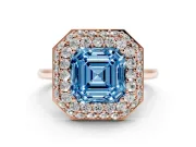 Fancy Blue Asscher Cut Diamond Halo Engagement Ring Set in Rose gold with Solitaire Band and Prong Setting