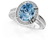Fancy Blue Oval Cut Diamond Halo Pavé Split Shank Ring Set in Platinum with Prong Setting