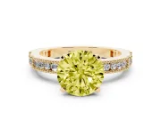 Fancy Yellow Round Cut Diamond Solitaire Ring Set in Yellow gold with Slim Pavé Band and Prong Setting