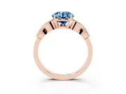 Fancy Blue Round Cut Diamond Milgrain Leaf Band Solitaire Ring Set in Rose gold with Accent Stones and Prong Setting