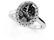 Fancy Black Oval Cut Halo Round Diamond Solitaire Ring Set in Silver with Pavé Band and Prong Setting