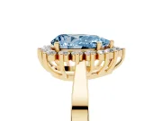 Fancy Blue Pear Cut Diamond Halo Ring Set in Yellow gold with Round Halo and Smooth Solitaire Band