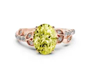 Fancy Yellow Oval Cut Diamond Solitaire Leaf-Inspired Ring Set in Rose gold with Pavé Band and Prong Setting