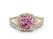 Cushion Cut Halo Engagement Ring Setting for a Fancy Pink Lab-Grown Diamond | V-Split Pavé Band | Yellow Gold