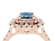 Fancy Blue Emerald Cut Diamond Double Halo Statement Ring Set in Rose gold with Pavé Band