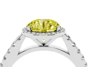 Fancy Yellow Round Cut Diamond Halo Engagement Ring Set in Silver with Pavé Band and Prong Setting