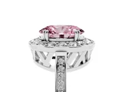 Fancy Pink Oval Cut Diamond Halo Ring Set in Platinum with Accent-Lined Split Shank and Prong Setting