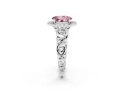 Fancy Pink Oval Cut Diamond Halo Ring Set in White gold with Scrollwork Band and Prong Setting