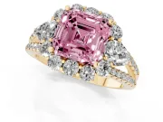 Fancy Pink Asscher Cut Diamond Halo Split Shank Engagement Ring Set in Yellow gold with Prong-Held Center Stone