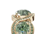 Round Three Stone Halo Engagement Ring Setting for a Fancy Green Lab-Grown Diamond | Pavé Wave Band | Yellow Gold