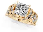 Princess Cut Vintage Milgrain Pave Engagement Ring Setting | Crescent Side Rows | Yellow Gold