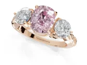 Cushion Cut Three Stone Engagement Ring Setting for a Fancy Pink Lab-Grown Diamond | Tapered Pave Band | Rose Gold