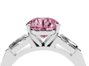 Fancy Pink Round Cut Diamond Solitaire Ring Set in White gold with Tapered Baguette Side Stones and Prong Setting