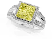 Princess Cut Halo Engagement Ring Setting for a Fancy Yellow Lab-Grown Diamond | Two-Row Pave Split Shank | White Gold