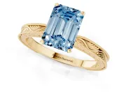 Fancy Blue Emerald Cut Diamond Solitaire Milgrain Engraved Band Set in Yellow gold with Prong Setting