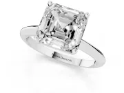 Asscher Cut Diamond Solitaire Ring Set in Platinum with Prong Setting on a Plain Round Band