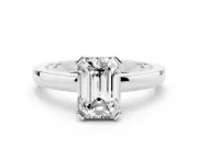 Emerald Cut Diamond Solitaire Ring Set in Silver with Prong Head and Smooth Polished Band