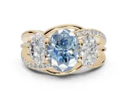 Oval Three Stone Split Shank Engagement Ring Setting for a Fancy Blue Lab-Grown Diamond | Matching Sides | Yellow Gold