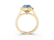 Fancy Blue Round Cut Diamond Halo Solitaire Ring Set in Yellow gold with Pavé Band and Bezel Setting
