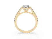 Round Cut Diamond Halo Engagement Ring Set in Yellow gold with Pavé Band and Prong Setting