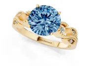Fancy Blue Round Cut Diamond Milgrain Leaf Band Solitaire Ring Set in Yellow gold with Accent Stones and Prong Setting
