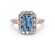 Fancy Blue Emerald Cut Diamond Floral Halo Ring Set in Rose gold with Pavé Band and Prong Setting