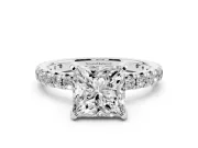 Princess Cut Diamond Pavé Solitaire Ring Set in Silver with Round Band and Prong Setting