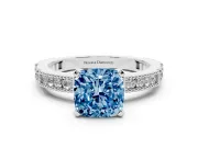 Fancy Blue Cushion Cut Diamond Solitaire Ring Set in Silver with Slim Pavé Band and Prong Setting