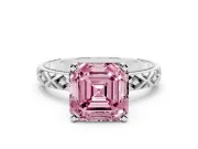 Fancy Pink Asscher Cut Diamond Solitaire Ring Set in Silver with Milgrain and Black Enamel X Pattern Band