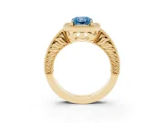 Fancy Blue Radiant Cut Diamond Halo Ring Set in Yellow gold with Round Accent Halo, Pavé Band and Prong Setting