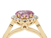 Fancy Pink Heart Cut Diamond Halo Engagement Ring Set in Yellow gold with Filigree Band and Prong-Set Center