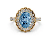 Fancy Blue Oval Cut Diamond Milgrain Floral Halo Engagement Ring Set in Yellow gold with Pavé Band