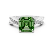 Fancy Green Asscher Cut Diamond Twist Band Solitaire Set in White gold with Pavé Accents and Prong Setting