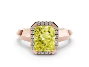 Fancy Yellow Radiant Cut Diamond Halo Ring Set in Rose gold with Cathedral Band and Prong Setting