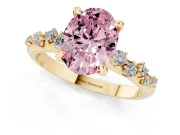 Fancy Pink Oval Cut Diamond Solitaire Vine Band Ring Set in Yellow gold with Round Accents and Prong Setting