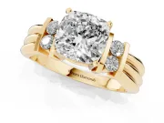 Cushion Cut Bar-Set Accent Engagement Ring Setting | Grooved Band | Yellow Gold