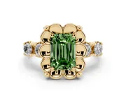 Fancy Green Emerald Cut Diamond Floral Halo Ring Set in Yellow gold with Shared Prong Band