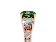 Fancy Green Cushion Cut Diamond Three-Stone Ring Set in Rose gold with Round Side Stones and Pavé Band