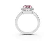 Fancy Pink Heart Cut Diamond Halo Engagement Ring Set in White gold with Milgrain Detail and Pavé Band