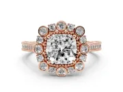 Cushion Cut Vintage Scalloped Halo Engagement Ring Setting | Milgrain Pavé Band | Rose Gold